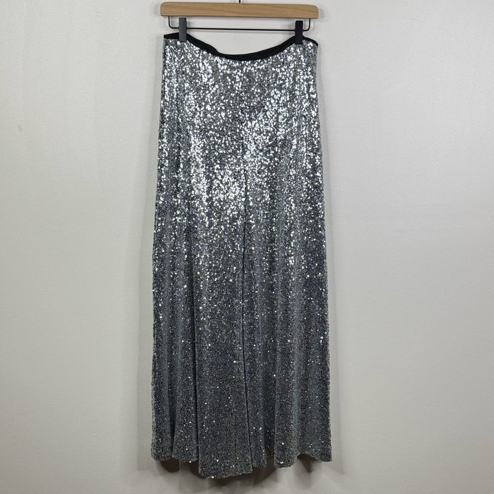 Alex Marie Natalie Silver Sequin Wide Leg Pants NWT Size 8 High Rise Party